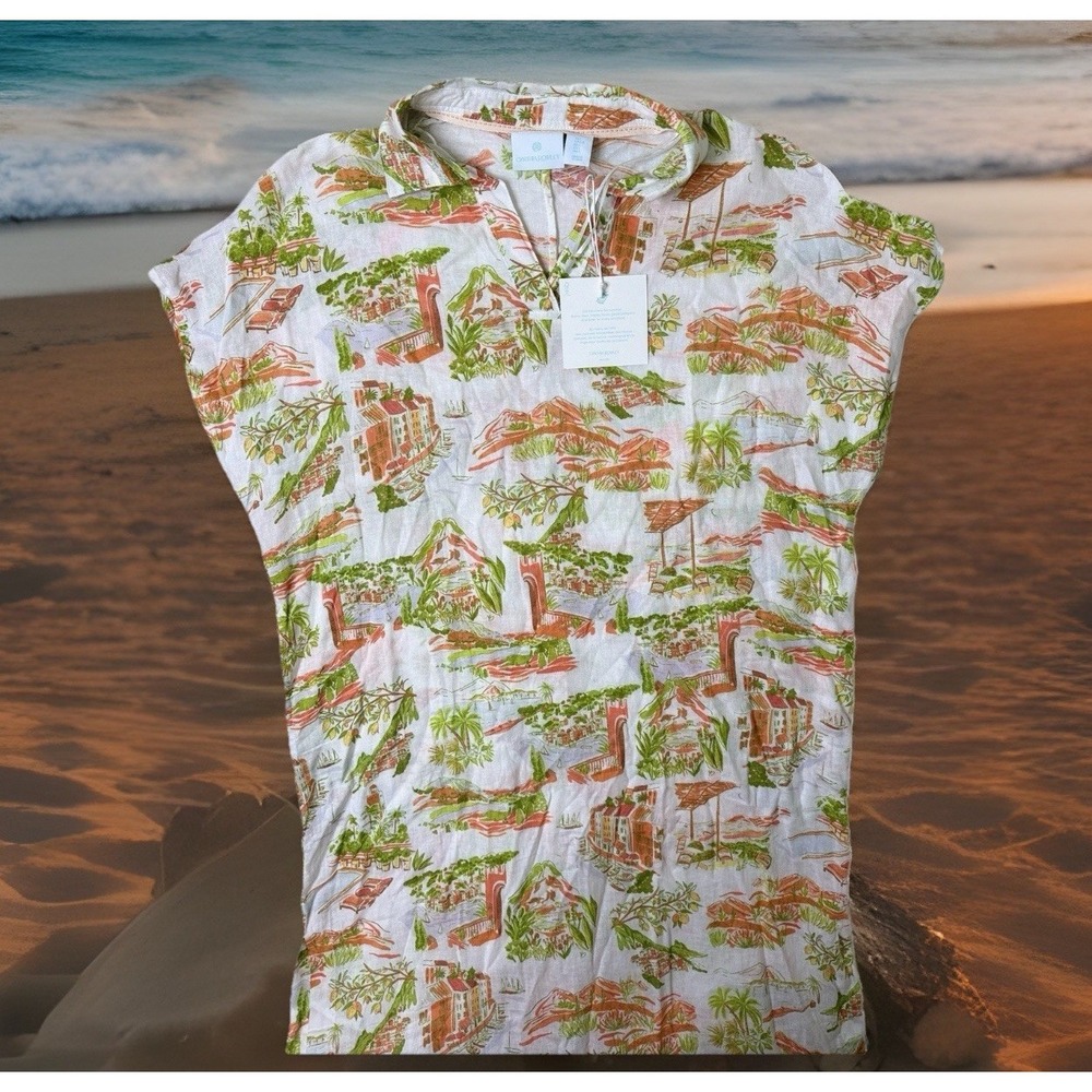 Cynthia Rowley Linen Blend Dress Beach Coastal Resort Wear V Neck Sheer Large